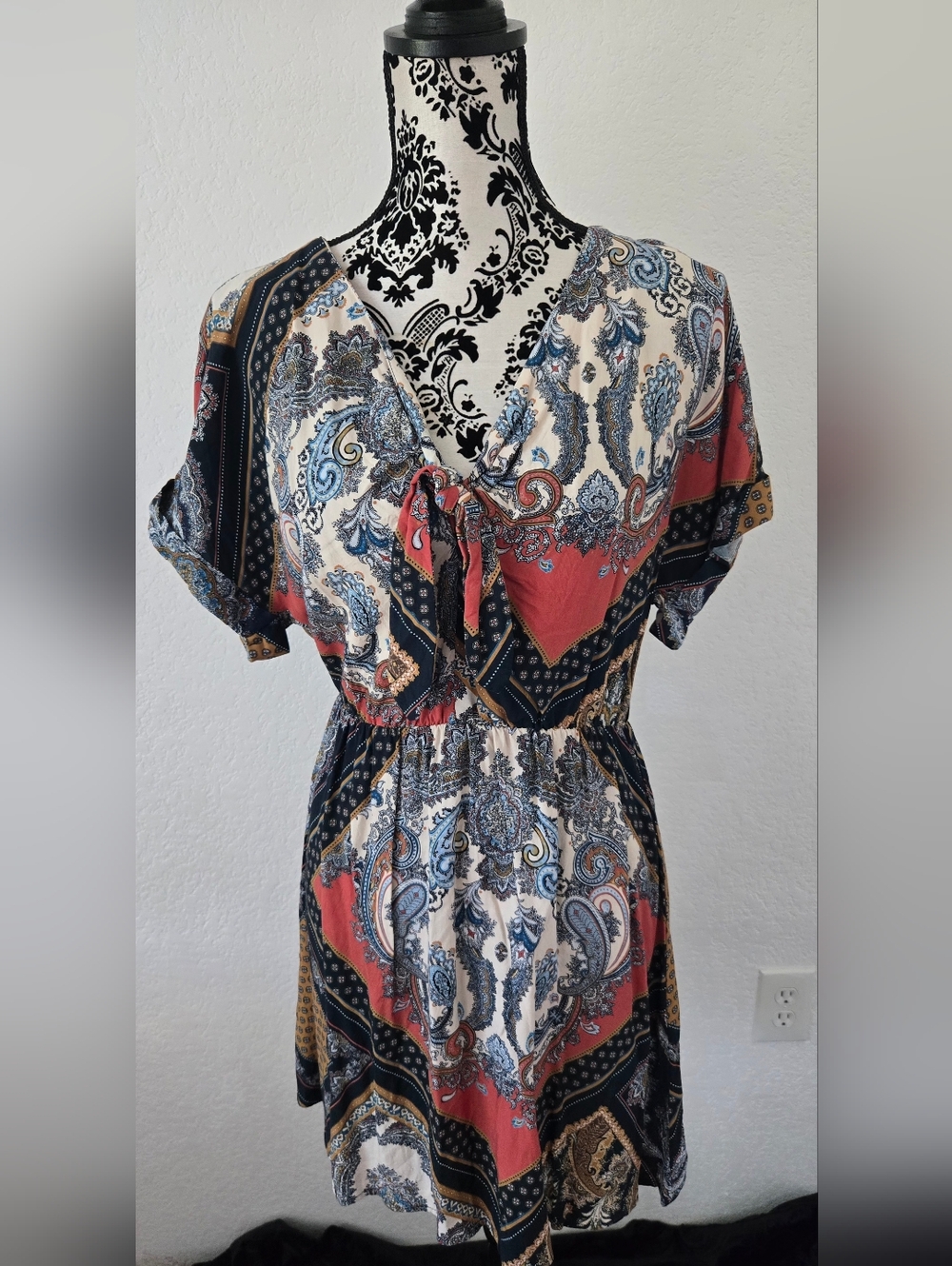 H&M Multicolor Paisley & Geometric Dress in Navy, Coral, Cream